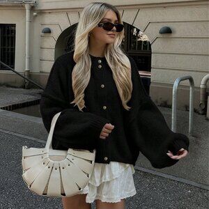 Black Casual Loose Women's Round Neck Lantern Sleeve Cardigan